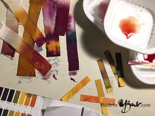 litmus paper strips with many tones of purple from logwood dye